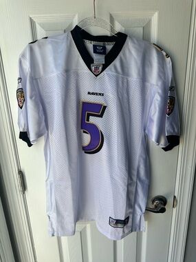 Reebok White Baltimore Ravens #5 Football Jersey with Purple and Gold Trim